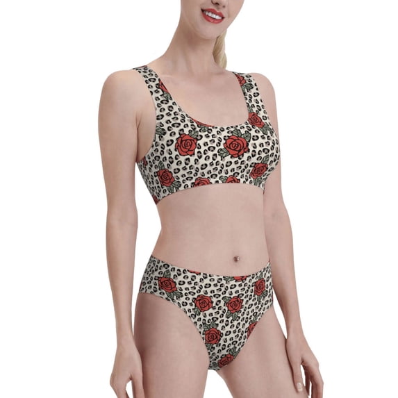Picia Leopard Print Rose Women's High Waisted Bikini Scoop Neck Swimsuit Two Pieces Bathing Suit-Small