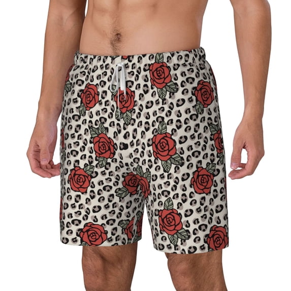 Picia Leopard Print Rose pattern Mens Swim Trunks with Compression Liner Stretch Beach Shorts Quick Dry with Zipper Pockets No-Chafing Board Shorts-3X-Large