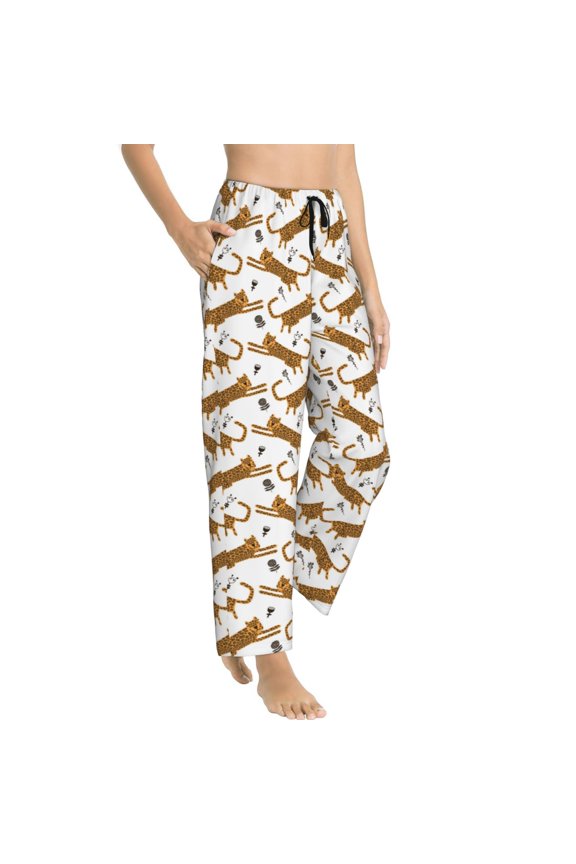 Leopard Print Womens Soft Woven Cotton Elastic Waistband Sleep Pajama Pant Lounge Sleep Pant With Pockets And Drawstring-Medium