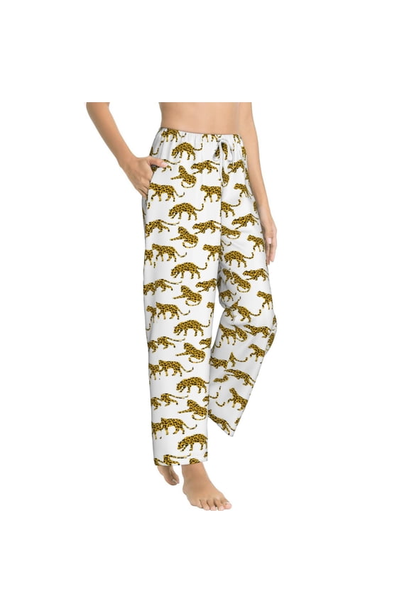 Leopard Print Womens Soft Woven Cotton Elastic Waistband Sleep Pajama Pant Lounge Sleep Pant With Pockets And Drawstring-Medium