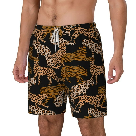 Picia Leopard Print pattern Mens Swim Trunks with Compression Liner Stretch Beach Shorts Quick Dry with Zipper Pockets No-Chafing Board Shorts-3X-Large