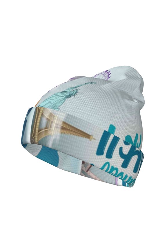 Let's go Travel Around the World Pattern Knitted Beanie Hat for Men and Women , Unisex Winter Warm Stretchy Knit Cap Thick Fisherman Beanies Cuffed Plain Skull Caps