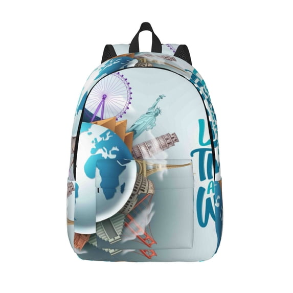 Picia Let's go Travel Around the World Printed Canvas Daypack - Stylish and Durable Vintage Compact Backpack - Class, Work, Travel, or Laptop Bookbag,Organized Compartments-Medium