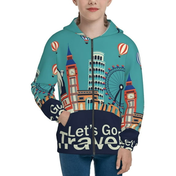 Picia Let's go Travel for Boys Fashion Full-zip Hoodies & Sweatshirts with Kangaroo Pocket,Zip-up Hooded Sweatshirt for Kid, Moisture Wicking & Breathable-Medium
