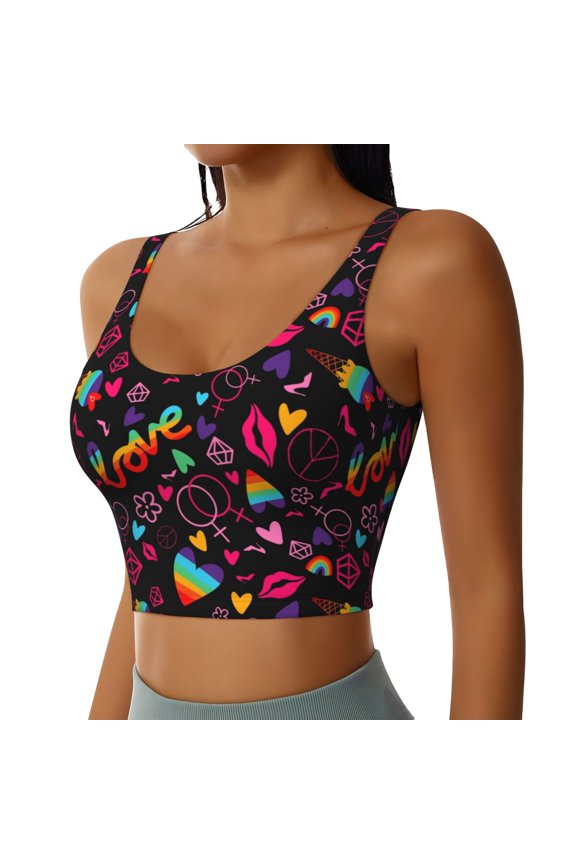 Lgbt Rainbow For Pride Sports Bra for Women,Padded Strappy Sports Bras Medium Support Yoga Bra with Removable Cups,Running Yoga Bra-Medium