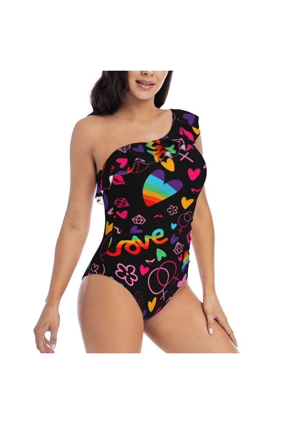 Lgbt Rainbow For Pride Pattern Women's One Piece Swimsuits,One Shoulder Swimwear Asymmetric ,Ruffle Monokinis Bathing Suits,High Waisted Flattering Bathing Suits-XX-Large