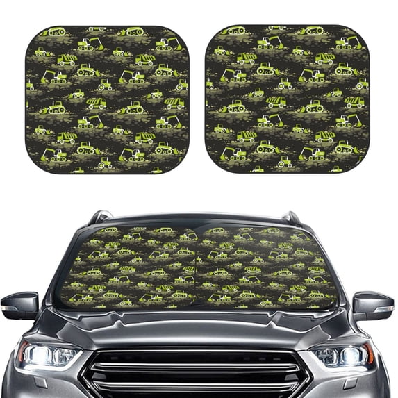 Picia Light Green Excavator 2 Piece Car Windshield Sun Shade Foldable | Foldable Sun Shield for Front Window Blocks UV Rays and Keeps Your Vehicle Cool-Large