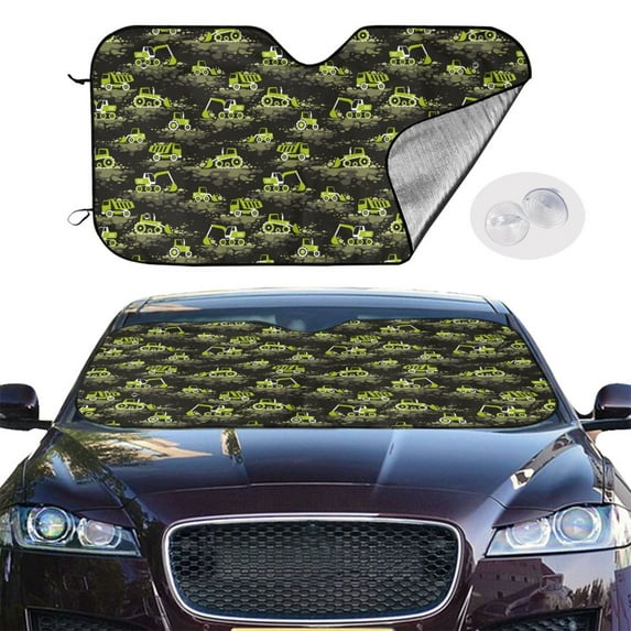 Picia Light Green Excavator Curved Windshield Sunshade Accordion Folding Style Auto Shade for Car Truck SUV Van Blocks UV Ray Sun Visor Protector -Small