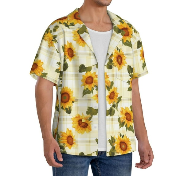 Picia Light Green Plaid Sunflower Men's Linen Shirts Short Sleeve Cuban Beach Shirts Casual Shirts Button Down Shirt for Men Beach Summer Wedding Shirt-X-Large