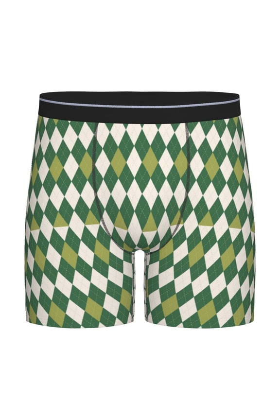 Light Green Squares Pattern Men's Athletic Long Leg Briefs , Performance Stretch Underwear,Moisture-Wicking