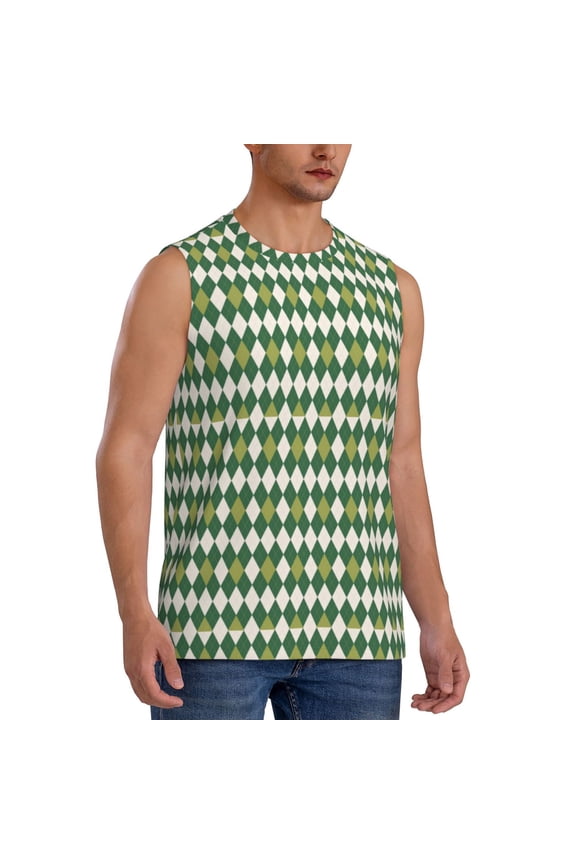 Light Green Squares mens Cotton Tank Undershirts , Moisture-wicking Ribbed Tanks, Lightweight Cotton Tank Undershirts-Medium