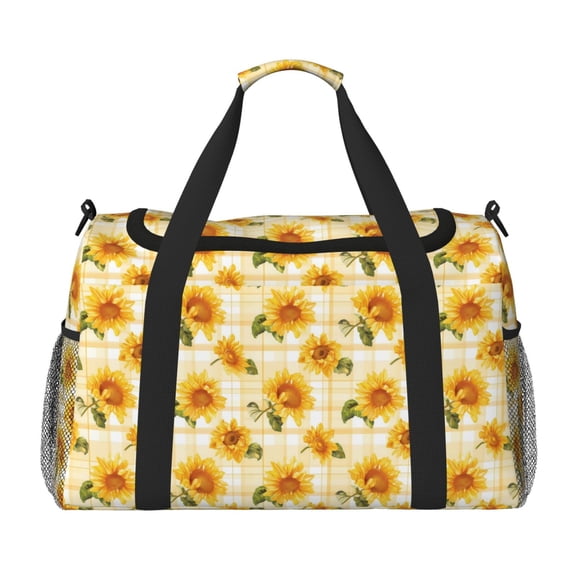 Picia Light Yellow Plaid Sunflower Print Travel Duffle Bag,Weekender Bags for Women with Shoe Compartment, Gym Duffel Bag with Wet Pocket, Hospital Bags for Labor and Delivery