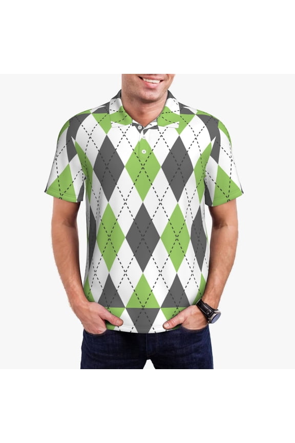 Light green and black argyle Print Men's Polo Shirt, Two-Button Closure Pique Polo Shirt, Summer Fashion Golf Shirt-Small