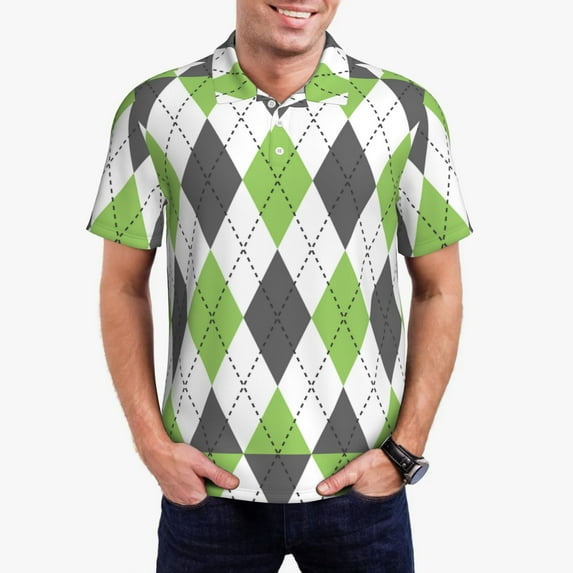 Picia Light green and black argyle Print Men's Polo Shirt, Two-Button Closure Pique Polo Shirt, Summer Fashion Golf Shirt-X-Large