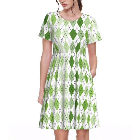 Picia Light green argyle Pattern Women's Short Sleeve Summer Dress Pleated Loose Swing Knee Length Short Sleeve Swing Dresses