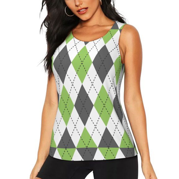Picia Light green and black argyle Pattern Women's Workout Tank Top,Breathable Activewear,Slim Fit Athletic Top,Versatile Workout Moisture-wicking top-Small