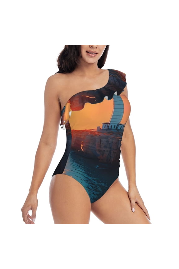 Lighthouse At Sunset Coast Pattern Women's One Piece Swimsuits,One Shoulder Swimwear Asymmetric ,Ruffle Monokinis Bathing Suits,High Waisted Flattering Bathing Suits-X-Large