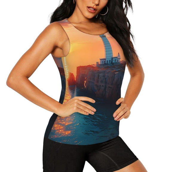 Picia Lighthouse At Sunset Coast Pattern Women's Workout Tank Top,Breathable Activewear,Slim Fit Athletic Top,Versatile Workout Moisture-wicking top-XX-Large