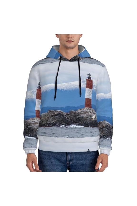 Lighthouse On The Waters Pattern Casual Men's Hoodie - Lightweight Hooded Sweatshirt with Kangaroo Pocket, Comfortable Pullover for Everyday, Travel-X-Large