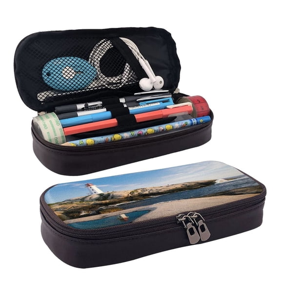Picia Lighthouse Pattern Large Capacity PU Leather Pencil Case Organizer Pen Marker Holder Double Zipper Storage Bag Big Pencil Pouch for College Office