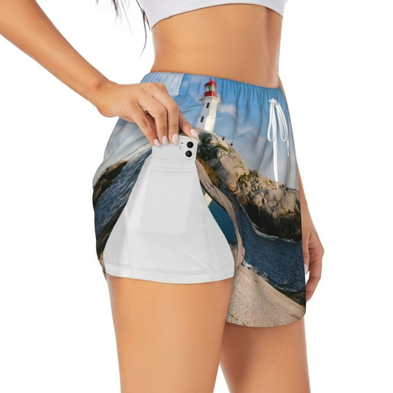 Picia Lighthouse Pattern Women's 2 in 1 Athletic Running Shorts High Waisted Workout Casual Gym Sweat Shorts with Comfy Liner Zipper Pockets-Large
