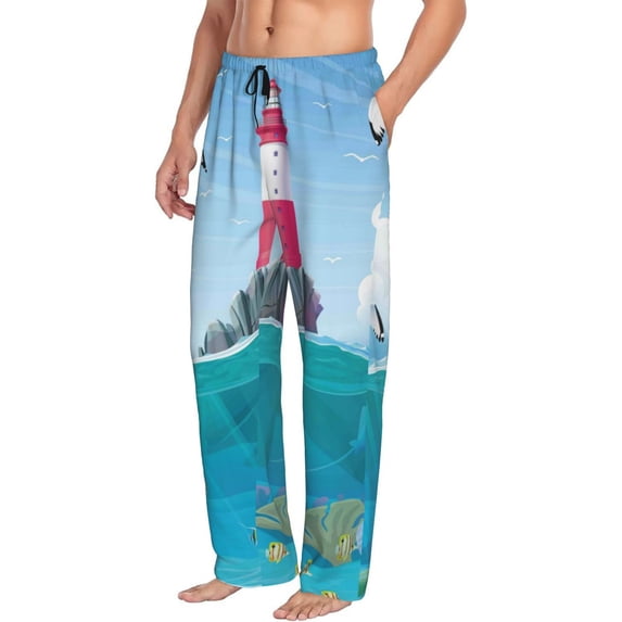 Picia Lighthouse Sea Port Mens Soft Woven Cotton Elastic Waistband Sleep Pajama Pant Lounge Sleep Pant With Pockets And Drawstring-XX-Large