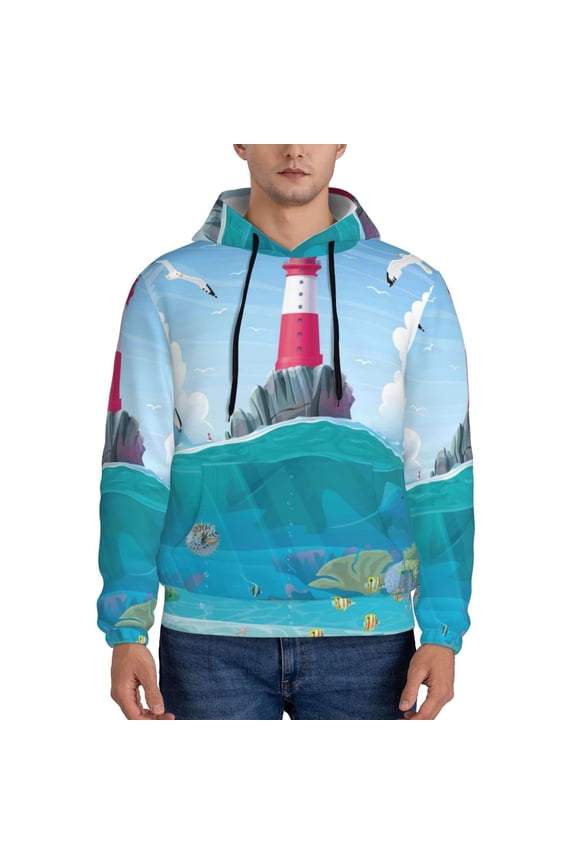 Lighthouse Sea Port Pattern Casual Men's Hoodie - Lightweight Hooded Sweatshirt with Kangaroo Pocket, Comfortable Pullover for Everyday, Travel-Large