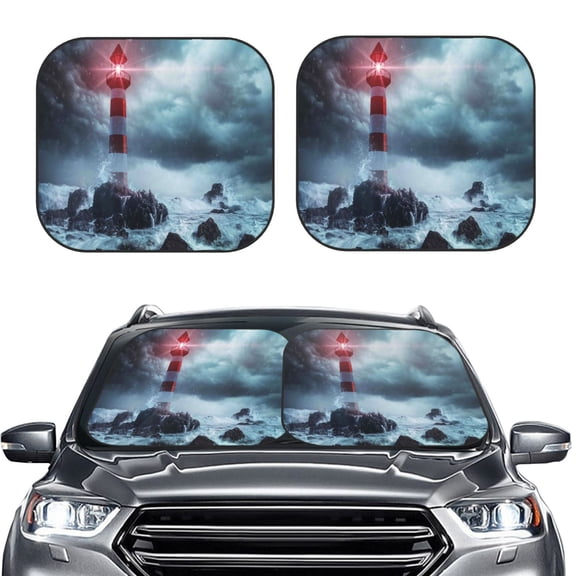 Picia Lighthouse in a Stormy Sea 2 Piece Car Windshield Sun Shade Foldable | Foldable Sun Shield for Front Window Blocks UV Rays and Keeps Your Vehicle Cool-Small