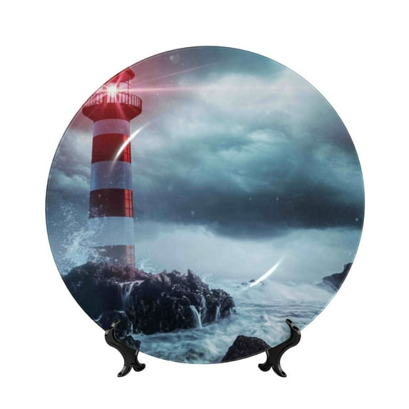 Picia Lighthouse in a Stormy Sea Pattern Bone China Decorative Plate – Wall Decor with Stand and Adhesive, Elegant Ornament for Living Room, Office, or Entryway-8in