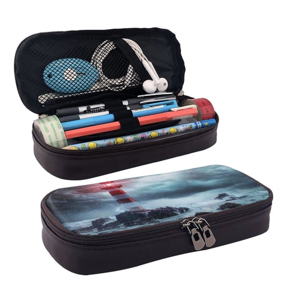Picia Lighthouse in a Stormy Sea Pattern Large Capacity PU Leather Pencil Case Organizer Pen Marker Holder Double Zipper Storage Bag Big Pencil Pouch for College Office
