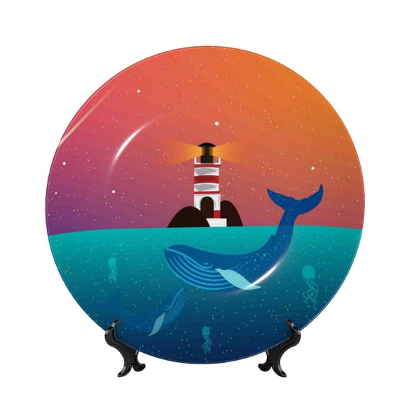 Picia Lighthouse and Whale Pattern Bone China Decorative Plate – Wall Decor with Stand and Adhesive, Elegant Ornament for Living Room, Office, or Entryway-8in