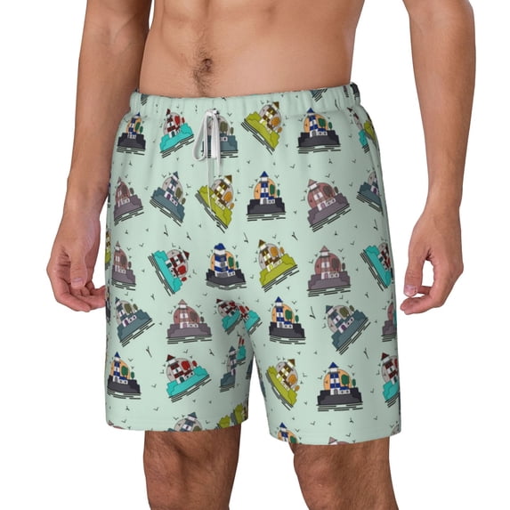 Picia Lighthouse pattern Mens Swim Trunks with Compression Liner Stretch Beach Shorts Quick Dry with Zipper Pockets No-Chafing Board Shorts-Large