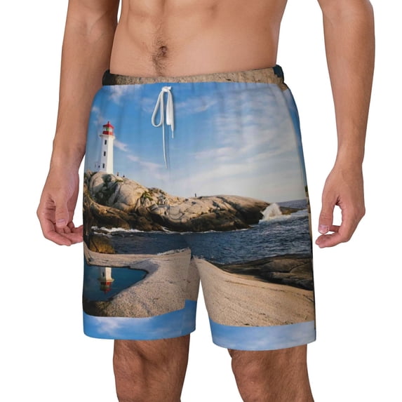 Picia Lighthouse pattern Mens Swim Trunks with Compression Liner Stretch Beach Shorts Quick Dry with Zipper Pockets No-Chafing Board Shorts-Large