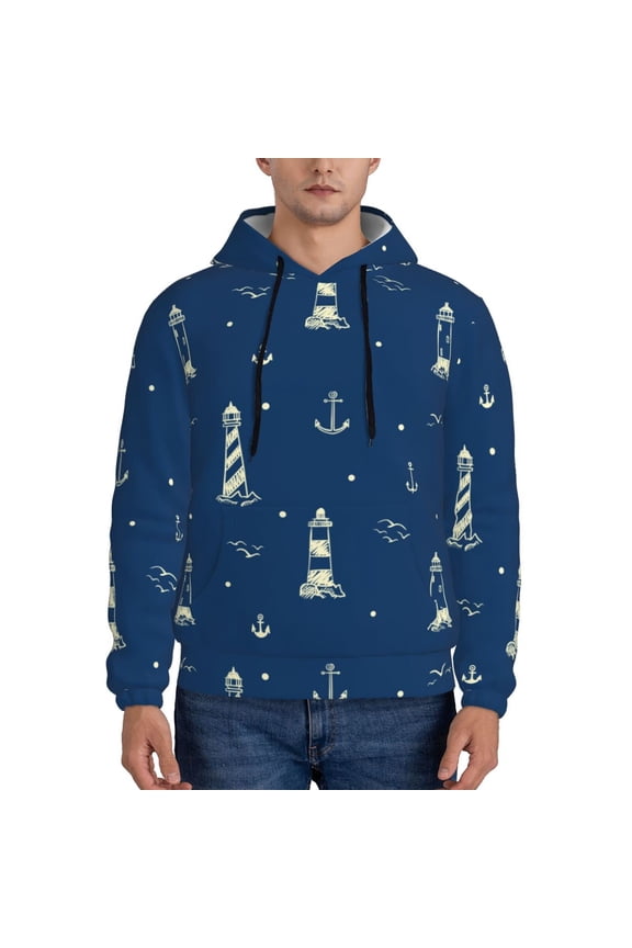 Lighthouses and Anchors Pattern Casual Men's Hoodie - Lightweight Hooded Sweatshirt with Kangaroo Pocket, Comfortable Pullover for Everyday, Travel-3X-Large