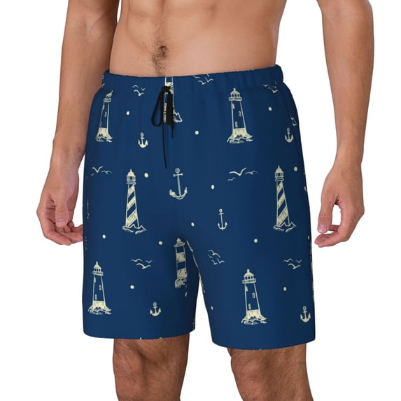 Picia Lighthouses and Anchors pattern Mens Swim Trunks with Compression Liner Stretch Beach Shorts Quick Dry with Zipper Pockets No-Chafing Board Shorts-Small