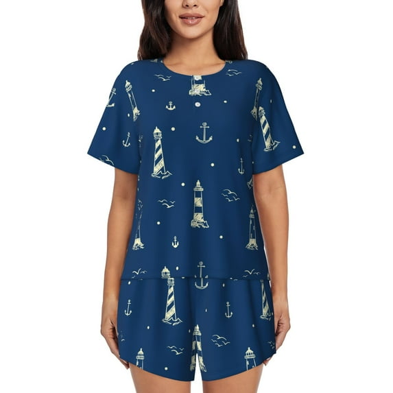 Picia Lighthouses and Anchors Pajamas Sets for Women Soft Short-Sleeved Pjs with Lounge Shorts Two Piece Sleepwear-Large