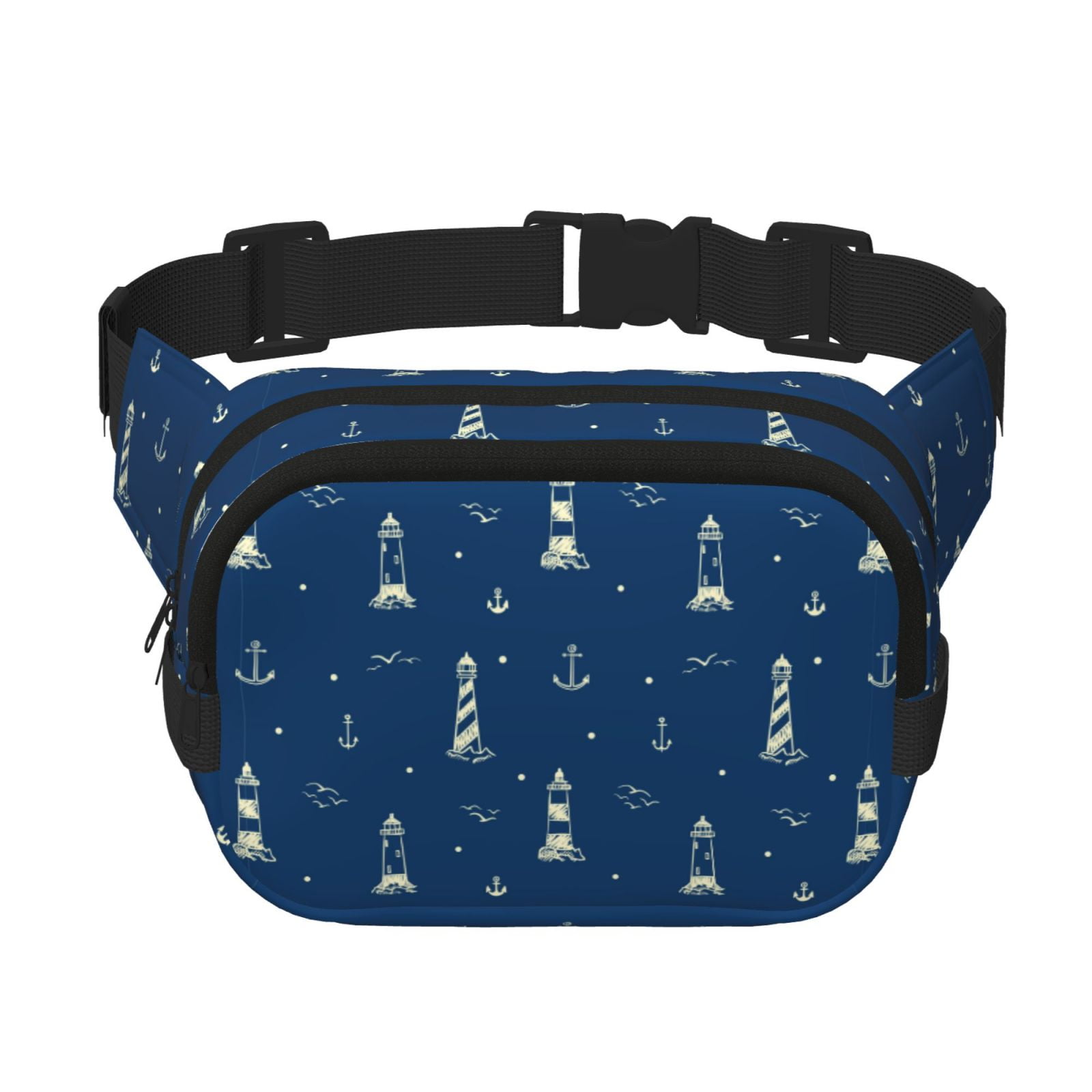 Picia Lighthouses and Anchors Print Square Double-Layer Waist Bag Mini Adjustable Waist Belt Bag Exercise Running Travel Hiking