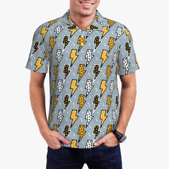 Picia Lightning Bolts Print Men's Polo Shirt, Two-Button Closure Pique Polo Shirt, Summer Fashion Golf Shirt-Medium