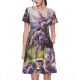 thumbnail image 1 of Picia Lilacs Teapot Scenic Painting Pattern Women's Short Sleeve Summer Dress Pleated Loose Swing Knee Length Short Sleeve Swing Dresses, 1 of 6