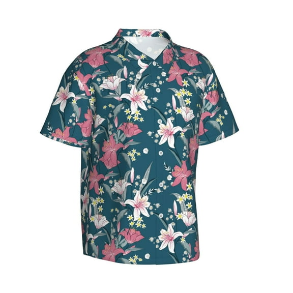 Picia Lilies Flowers Gentle Cotton Regular Fit Short Sleeve Casual Hawaiian Shirt for Men-X-Large