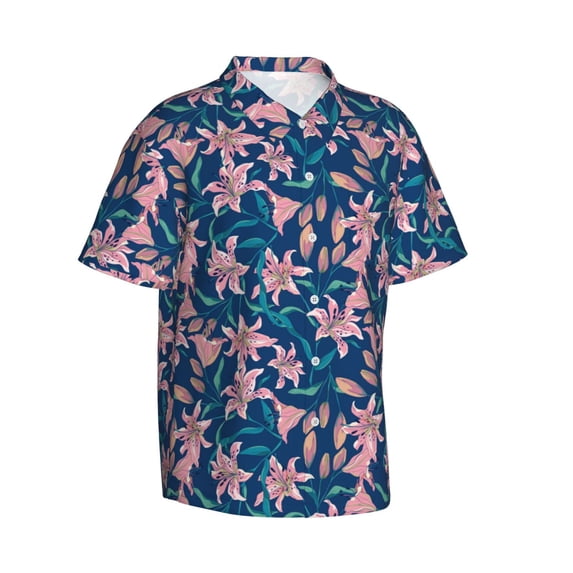 Picia Lilies Flowers Gentle Cotton Regular Fit Short Sleeve Casual Hawaiian Shirt for Men-X-Large