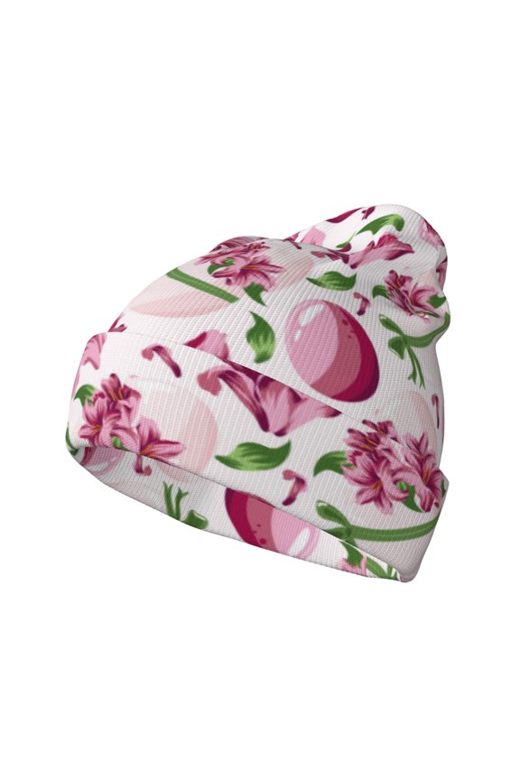 Lilies Flowers Pattern Knitted Beanie Hat for Men and Women , Unisex Winter Warm Stretchy Knit Cap Thick Fisherman Beanies Cuffed Plain Skull Caps