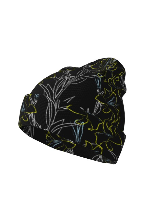 Lilies Flowers Pattern Knitted Beanie Hat for Men and Women , Unisex Winter Warm Stretchy Knit Cap Thick Fisherman Beanies Cuffed Plain Skull Caps
