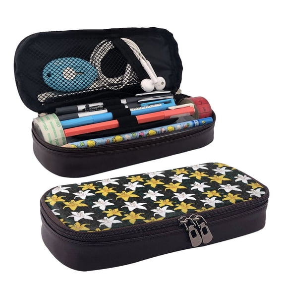 Picia Lilies Flowers Pattern Large Capacity PU Leather Pencil Case Organizer Pen Marker Holder Double Zipper Storage Bag Big Pencil Pouch for College Office