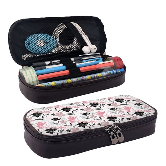 Picia Lilies Flowers Pattern Large Capacity PU Leather Pencil Case Organizer Pen Marker Holder Double Zipper Storage Bag Big Pencil Pouch for College Office