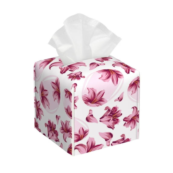 Picia Lilies Flowers Pattern Tissue Box Cover,PVC Leather Square Holder,Tissue Box Holder with Magnetic Bottom,Facial Paper Organizer Dispenser-5.2"X5.2"X5.2"