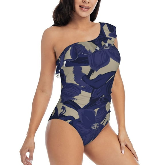 Picia Lilies Flowers Pattern Women's One Piece Swimsuits,One Shoulder Swimwear Asymmetric ,Ruffle Monokinis Bathing Suits,High Waisted Flattering Bathing Suits-Large