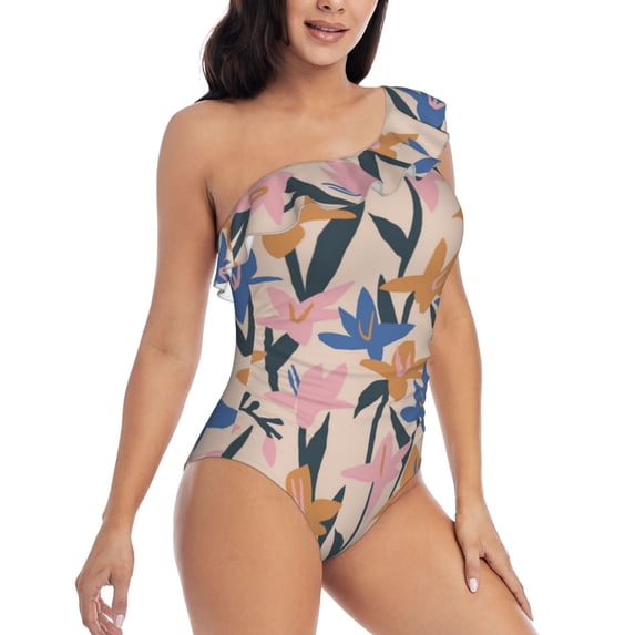 Picia Lilies Flowers Pattern Women's One Piece Swimsuits,One Shoulder Swimwear Asymmetric ,Ruffle Monokinis Bathing Suits,High Waisted Flattering Bathing Suits-Large