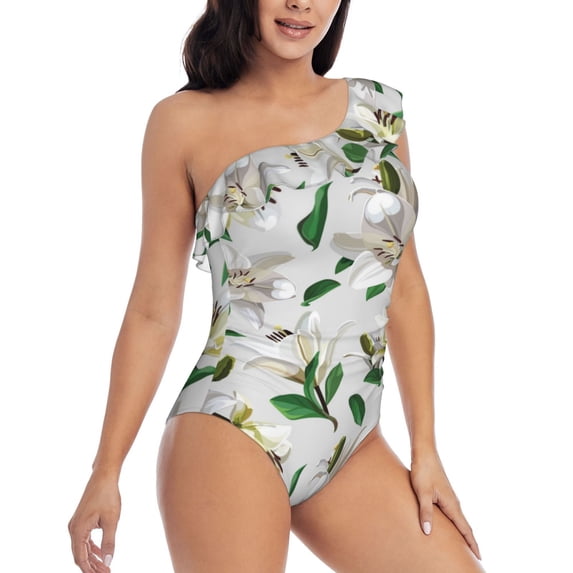 Picia Lilies Flowers Pattern Women's One Piece Swimsuits,One Shoulder Swimwear Asymmetric ,Ruffle Monokinis Bathing Suits,High Waisted Flattering Bathing Suits-Small
