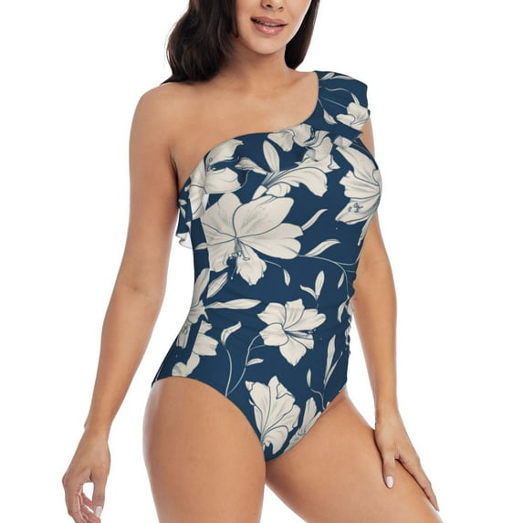 Picia Lilies Flowers Pattern Women's One Piece Swimsuits,One Shoulder Swimwear Asymmetric ,Ruffle Monokinis Bathing Suits,High Waisted Flattering Bathing Suits-XX-Large